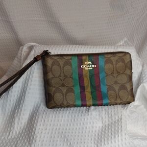 Coach Large Corner Zip Wristlet In Signature Canvas with Vibrant Stripes NWOT